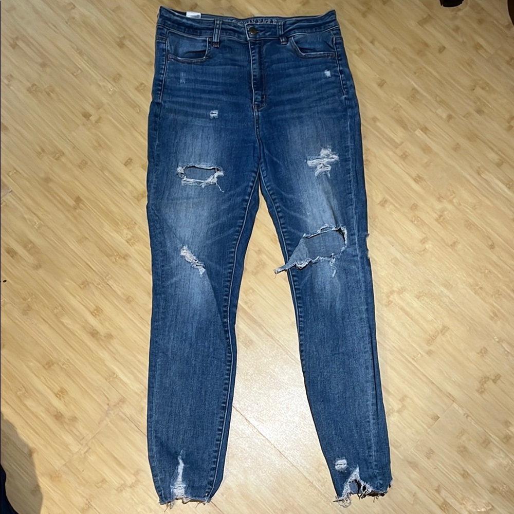 American Eagle Outfitters Blue Skinny Jeans with Modern Distressing